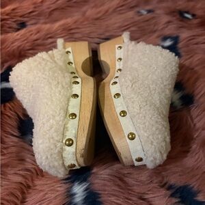J. Crew Cream Shearling Clogs with Gold Studs